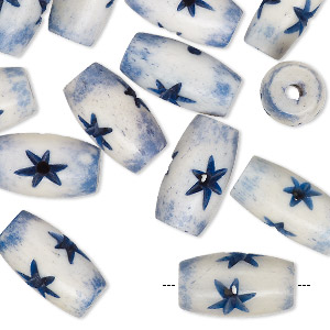 Bead, bone (dyed), denim blue and white, 15x9mm round tube with stars, Mohs hardness 2-1/2. Sold per pkg of 24.