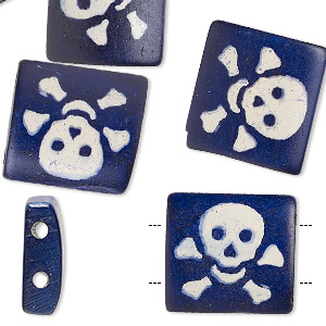 Bead, bone (dyed), denim blue, 17x15mm double-drilled rectangle with skull imprint on one side. Sold per pkg of 10.