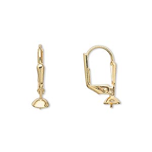 Ear wire, gold-plated brass, 19mm leverback with 5mm cup and peg, fits 4-6mm bead. Sold per pkg of 50 pairs.
