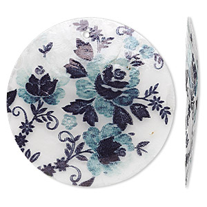 Focal, Capiz shell (coated), white with black blue rose motif, 50mm single-sided round. Sold per pkg of 2.