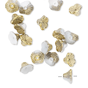 Bead, Preciosa, Czech pressed glass, opaque alabaster half-coated bronze gold, 7x4.5mm flower. Sold per pkg of 20.