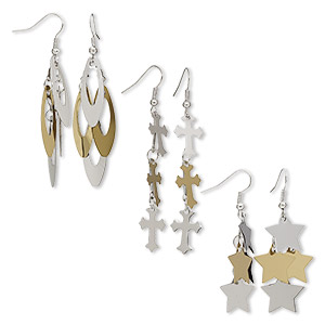 Earring mix, stainless steel / gold-finished steel / silver-plated brass / steel / stainless steel, 2- to 2-3/4 inch two-tone mixed shape with fishhook ear wire. Sold per pkg of 3 pairs.