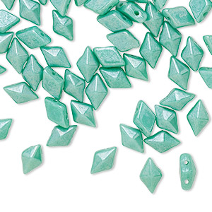 Bead, DiamonDuo&#153;, Czech pressed glass, opaque shimmer green turquoise, 8x5mm faceted diamond with flat back and (2) 0.7-0.8mm holes. Sold per 10-gram pkg, approximately 70 beads.