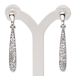 Earring, glass rhinestone / stainless steel / imitation rhodium plated &quot;pewter&quot; (zinc-based alloy), clear, 44mm with teardrop and post. Sold per pair.