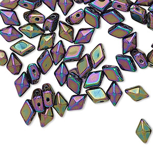 Bead, DiamonDuo&#153;, Czech pressed glass, opaque jet iris purple, 8x5mm faceted diamond with flat back and (2) 0.7-0.8mm holes. Sold per 10-gram pkg, approximately 70 beads.