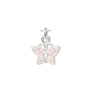 Charm, sterling silver and cubic zirconia, pink, 13x11mm butterfly ...