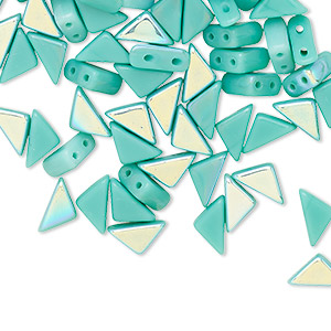 Bead, Tango&#153;, Czech pressed glass, opaque green turquoise AB, 8x6x6mm triangle with (2) 0.7-0.8mm holes. Sold per 10-gram pkg, approximately 65 beads.