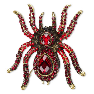 Glass gold with red and black rhinestones Brooch