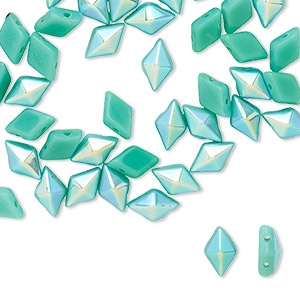 Bead, DiamonDuo&#153;, Czech pressed glass, opaque green turquoise AB, 8x5mm faceted diamond with flat back and (2) 0.7-0.8mm holes. Sold per 50-gram pkg, approximately 350 beads.