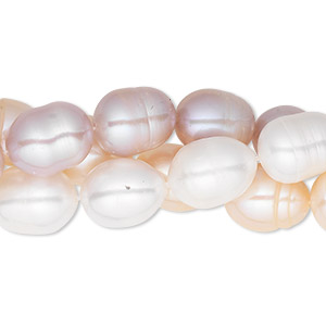 Pearl, cultured freshwater (bleached), white / mauve / peach, 8-10mm rice, C grade, Mohs hardness 2-1/2 to 4. Sold per pkg of (3) 14-inch strands.