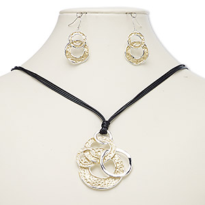 Necklace and earring set, enamel / waxed cotton cord / imitation rhodium-plated steel / brass / &quot;pewter&quot; (zinc-based alloy), black and yellow, 54x48mm circles, 18-inch necklace with 2-inch extender chain and lobster claw clasp, 41mm earrings with fishhook ear wire. Sold per set.
