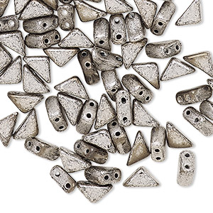 Bead, Tango&#153;, Czech pressed glass, opaque jet antique silver, 8x6x6mm triangle with (2) 0.7-0.8mm holes. Sold per 50-gram pkg, approximately 340 beads.