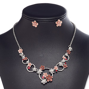 Necklace and earring set, enamel / glass rhinestone / imitation rhodium-finished steel / brass / &quot;pewter&quot; (zinc-based alloy), red / pink / dark pink, flower, 18-inch necklace with 2-inch extender chain and lobster claw clasp, 14mm flower with post. Sold per set.