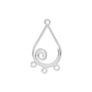 Drop, sterling silver, 20x13mm teardrop with spiral and 3 loops. Sold per pkg of 2.