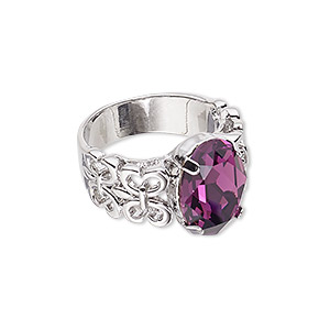 Ring, crystals and imitation rhodium-plated &quot;pewter&quot; (zinc-based alloy), amethyst, 14mm wide with oval and cutout design, size 8. Sold individually.