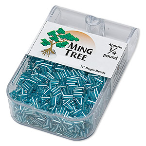 Bugle bead, Ming Tree&#153;, glass, silver-lined translucent turquoise blue, 1/4 inch. Sold per 1/4 pound pkg.