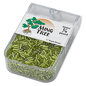 Bugle bead, Ming Tree&#153;, glass, silver-lined translucent lime green, 1/4 inch. Sold per 1/4 pound pkg.