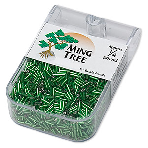 Bugle bead, Ming Tree&#153;, glass, silver-lined translucent emerald green, 1/4 inch. Sold per 1/4 pound pkg.