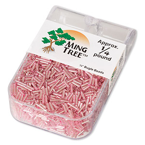Bugle bead, Ming Tree&#153;, glass, silver-lined translucent pink, 1/4 inch. Sold per 1/4 pound pkg.