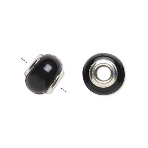 Bead, Dione&reg;, black agate (dyed) and sterling silver grommets, 11x8mm-13x9mm rondelle with 4mm hole, B grade, Mohs hardness 6-1/2 to 7. Sold individually.