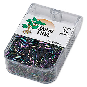 Bugle bead, Ming Tree&#153;, glass, opaque rainbow peacock, 1/4 inch. Sold per 1/4 pound pkg.