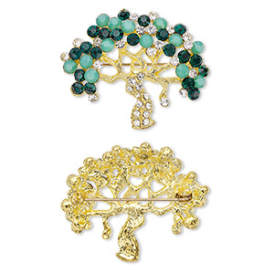 Brooch, glass rhinestone with gold-finished brass and &quot;pewter&quot; (zinc-based alloy), dark green / light green / clear, 40x35mm tree of life. Sold individually.