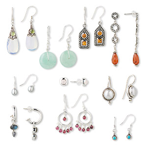 Earring mix, sterling silver and gemstone (natural / dyed / heated / imitation), mixed style / size. Sold per pkg of 10 pairs.