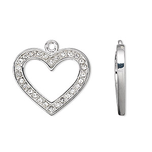Charm, imitation rhodium-plated pewter (tin-based alloy) and Czech glass rhinestone, clear, 22x22mm open heart. Sold individually.