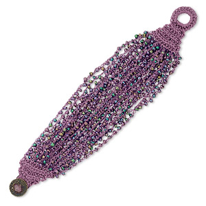 Bracelet, 22-strand, nylon / glass / antique brass-plated &quot;pewter&quot; (zinc-based alloy), mauve and rainbow mauve, 35mm wide with woven design, 6-1/2 inches with Chinese coin replica button clasp. Sold individually.