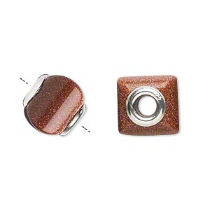 Bead, Dione&reg;, brown goldstone (glass) (man-made) and sterling silver grommets, 11x10mm-13x11mm square rondelle with 4mm hole. Sold individually.