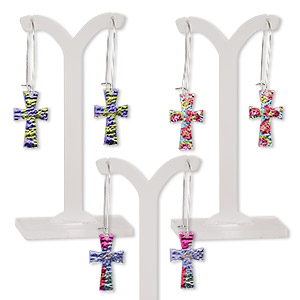 Earring mix, mylar / imitation rhodium-plated steel / &quot;pewter&quot; (zinc-based alloy), multicolored, 2-1/2 inches with cross and kidney ear wire. Sold per pkg of 3 pairs.