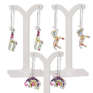 Earring mix, mylar / imitation rhodium-plated steel / &quot;pewter&quot; (zinc-based alloy), multicolored, 2 to 2-1/2 inches with elephant / giraffe / horse and kidney ear wire. Sold per pkg of 3 pairs.
