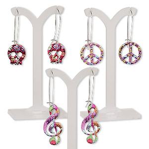 Earring mix, mylar / imitation rhodium-plated steel / &quot;pewter&quot; (zinc-based alloy), multicolored, 2-1/4 to 2-3/4 inches with peace sign / skull / music note and kidney ear wire. Sold per pkg of 3 pairs.