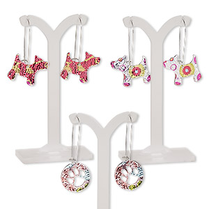 Earring mix, mylar / imitation rhodium-plated steel / &quot;pewter&quot; (zinc-based alloy), multicolored, 2-1/4 inches with (2) dogs and (1) round with paw cutout and kidney ear wire. Sold per pkg of 3 pairs.