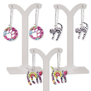 Earring mix, mylar / imitation rhodium-plated steel / &quot;pewter&quot; (zinc-based alloy), multicolored, 2-1/4 inches with (2) cats and (1) round with paw cutout and kidney ear wire. Sold per pkg of 3 pairs.