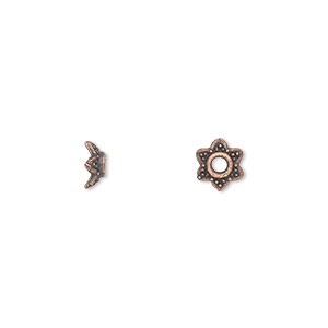 Bead cap, antique copper-plated &quot;pewter&quot; (zinc-based alloy), 7x3mm star, fits 6-8mm bead. Sold per pkg of 100.
