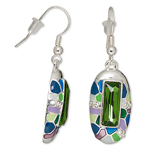 Earring, glass rhinestone / enamel / glass / silver-plated brass / &quot;pewter&quot; (zinc-based alloy), multicolored, 2 inches with oval and fishhook ear wire. Sold per pair.