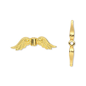 Bead, gold-finished &quot;pewter&quot; (zinc-based alloy), 23x6mm double-sided angel wings. Sold per pkg of 20.