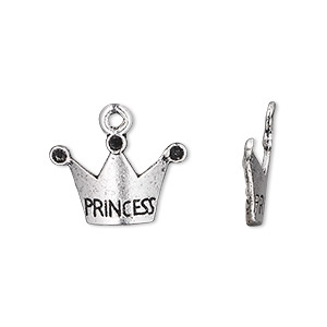 Charm, antique silver-plated &quot;pewter&quot; (zinc-based alloy), 18x13mm single-sided crown with engraved &quot;Princess&quot; and (3) PP18 chaton settings. Sold per pkg of 20.