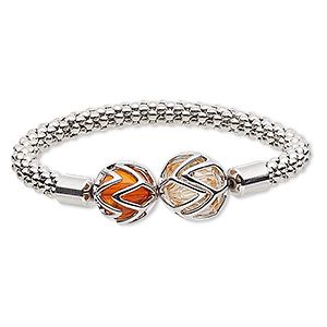 Bracelet, stretch, glass with silver-finished steel and &quot;pewter&quot; (zinc-based alloy), peach and dark orange, 16mm round, 6-1/2 inches. Sold individually.