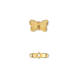 Bead, gold-finished &quot;pewter&quot; (zinc-based alloy), 10x6mm double-sided butterfly. Sold per pkg of 50.