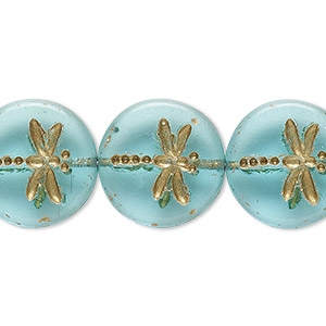 Bead, Preciosa, Czech pressed glass, translucent aqua blue, 17mm flat round with gold-painted dragonfly. Sold per pkg of 12.