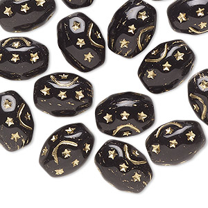 Bead, Preciosa, Czech pressed glass, opaque black, 12x9mm barrel with gold painted moon and stars. Sold per pkg of 16.