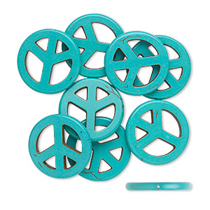 Bead, magnesite (dyed / stabilized), blue, 25mm peace sign, C+ grade, Mohs hardness 3-1/2 to 4. Sold per pkg of 8.