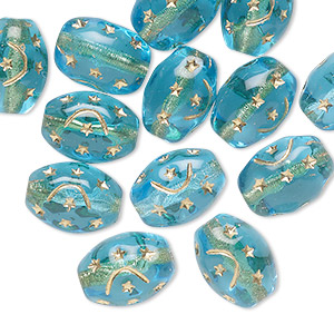 Bead, Preciosa, Czech pressed glass, translucent aqua blue, 12x9mm barrel with gold painted moon and stars. Sold per pkg of 16.