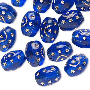 Bead, Preciosa, Czech pressed glass, translucent light cobalt blue, 12x9mm barrel with gold painted moon and stars. Sold per pkg of 16.