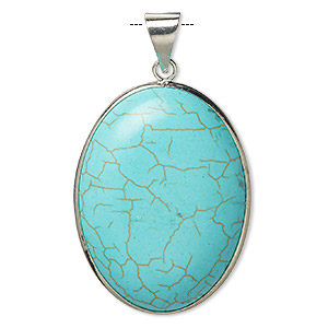 Pendant, magnesite (dyed / stabilized) and imitation rhodium-plated brass, blue, 40x30mm double-sided oval, B grade, Mohs hardness 3-1/2 to 4. Sold individually.