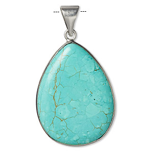 Pendant, magnesite (dyed / stabilized) and imitation rhodium-plated brass, blue, 36x27mm double-sided teardrop, B grade, Mohs hardness 3-1/2 to 4. Sold individually.