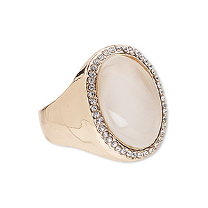 Ring, cat&#39;s eye glass / Egyptian glass rhinestone / rose gold-finished &quot;pewter&quot; (zinc-based alloy), white and clear, 25x20mm oval, size 9. Sold individually.