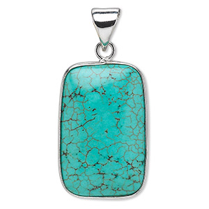 Pendant, magnesite (dyed / stabilized) and imitation rhodium-plated brass, blue, 29x19mm double-sided rectangle. Sold individually.